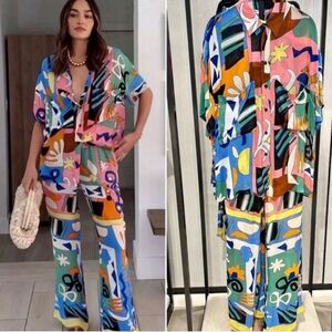 ZARA Pants Wide Leg Abstract Print Drawstring Waist Palazzo Pant Size L